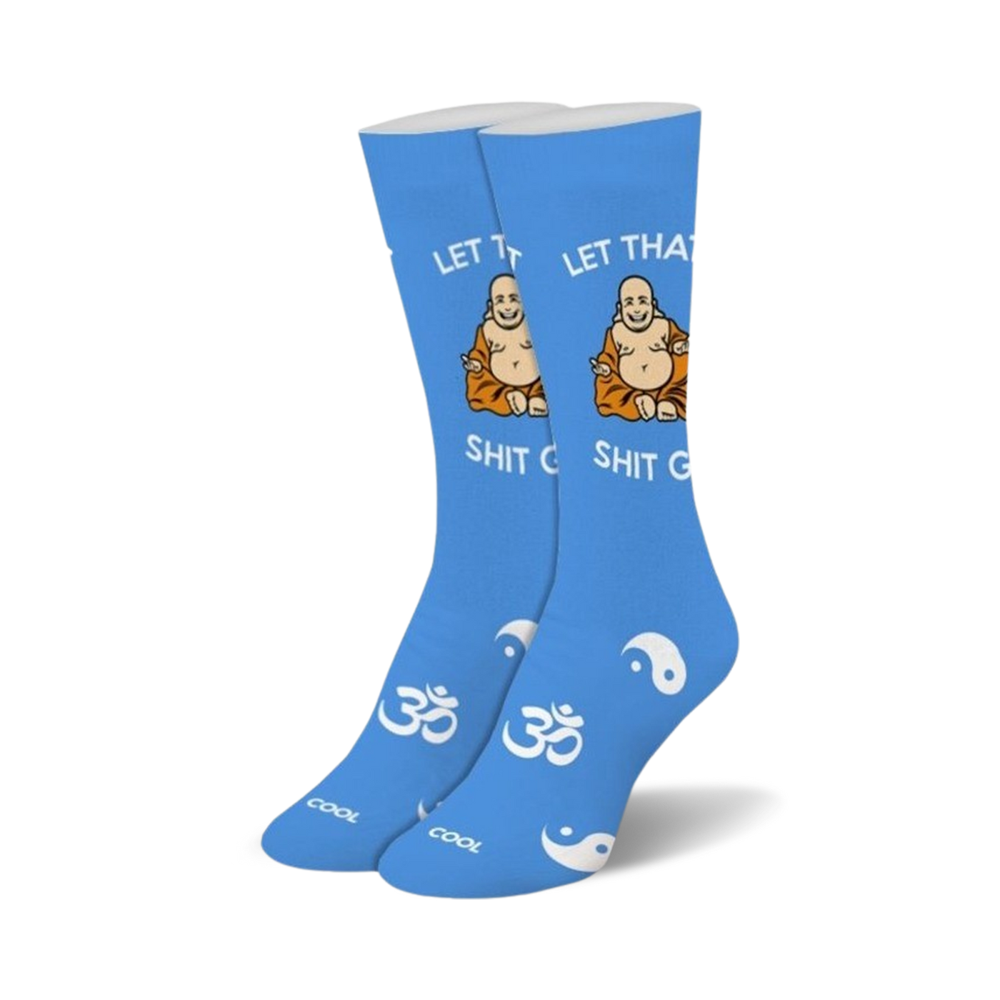 Pair of blue crew socks. Features a cartoon Buddha, Om symbol, Yin-Yang, and the phrase 'Let That Shit Go'.