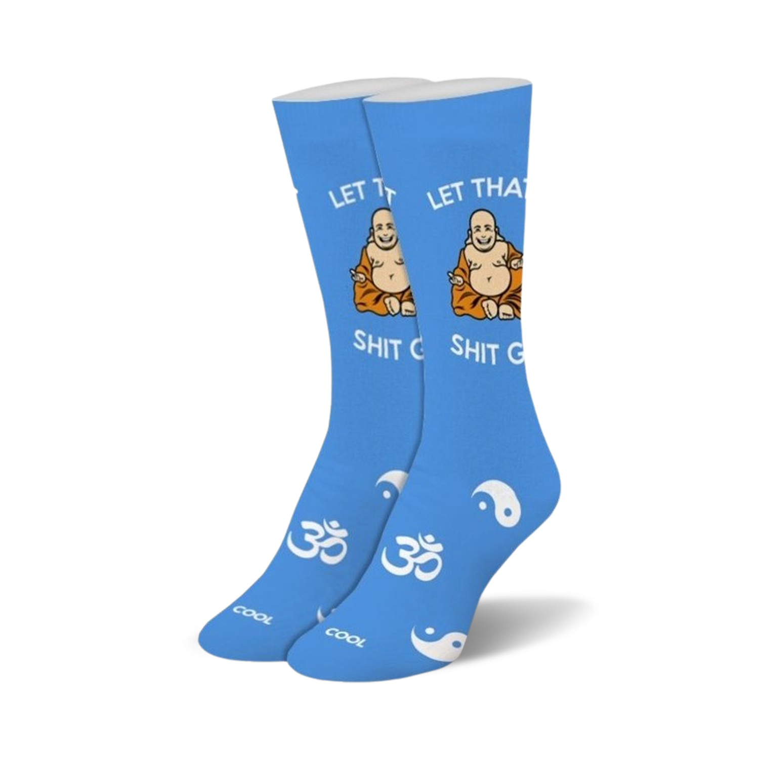 Pair of blue crew socks. Features a cartoon Buddha, Om symbol, Yin-Yang, and the phrase 'Let That Shit Go'.
