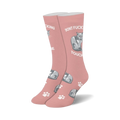 Pair of blush pink crew socks.  A grumpy grey cat graphic and the phrase 'Don't Touch Me' are printed on the socks. Small white paw prints are scattered throughout.