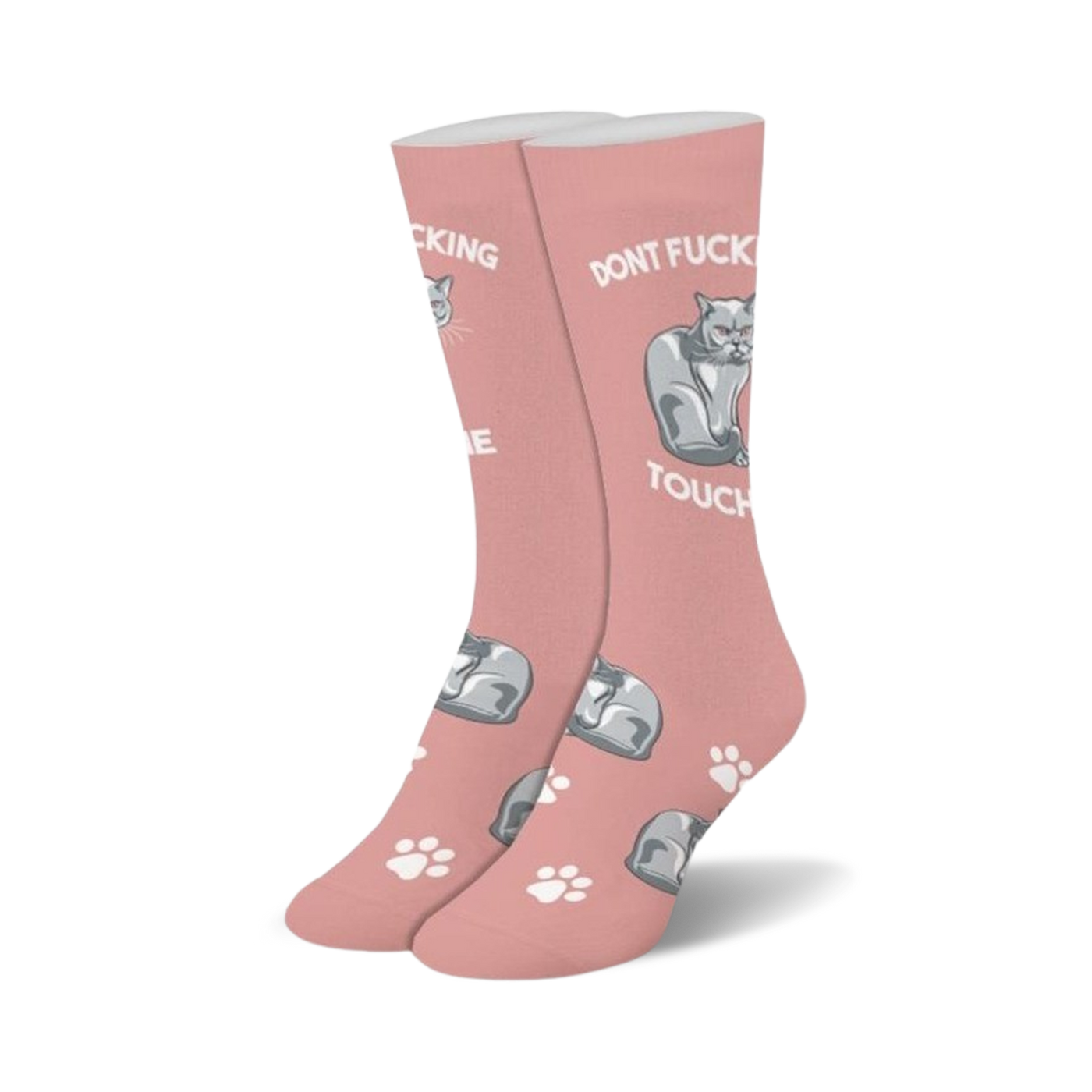 Pair of blush pink crew socks.  A grumpy grey cat graphic and the phrase 'Don't Touch Me' are printed on the socks. Small white paw prints are scattered throughout.