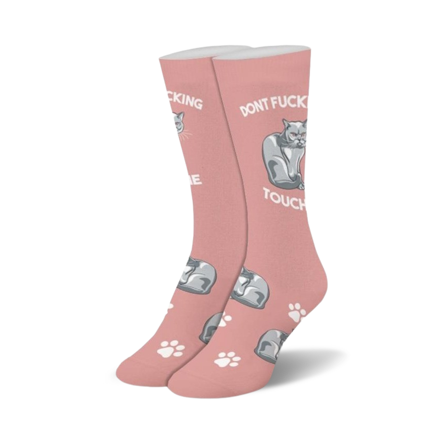 Pair of blush pink crew socks.  A grumpy grey cat graphic and the phrase 'Don't Touch Me' are printed on the socks. Small white paw prints are scattered throughout.