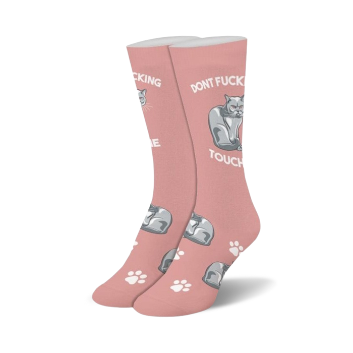 womens crew socks in hot pink with a grey cat pattern and the phrase 