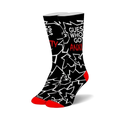Pair of black crew socks with a white and red graphic design.  The socks feature jagged lines and the text 'Guess who's got anxiety?'