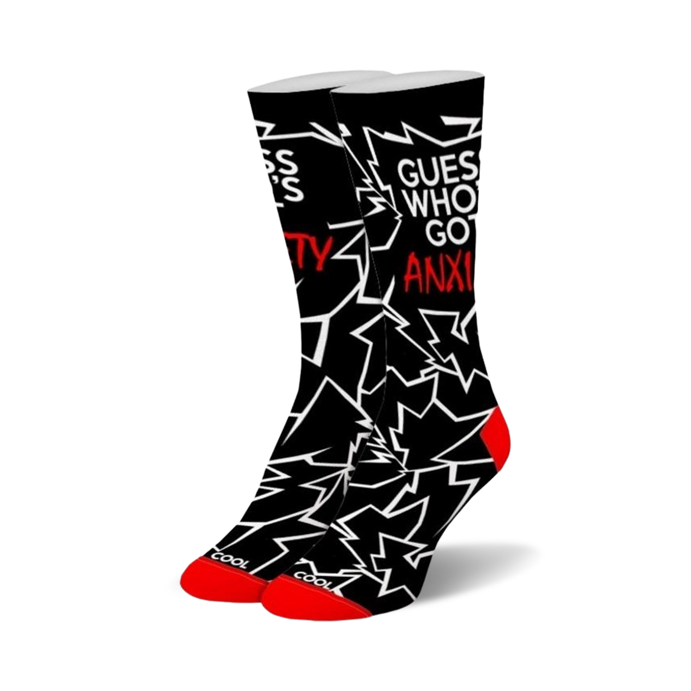 Pair of black crew socks with a white and red graphic design.  The socks feature jagged lines and the text 'Guess who's got anxiety?'