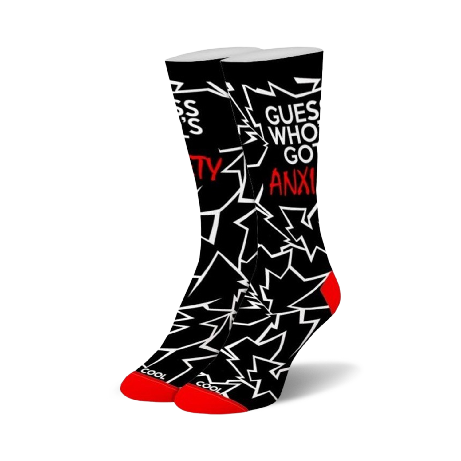 Pair of black crew socks with a white and red graphic design.  The socks feature jagged lines and the text 'Guess who's got anxiety?'