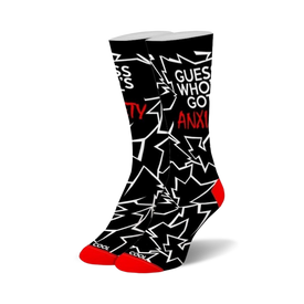 womens crew socks with red and white lightning bolt pattern, large white "guess who's got anxiety?" lettering. funny theme.  