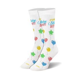 women's crew socks with colorful birthday-themed patterns and "happy birthday b*tch!" message.   