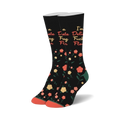 Pair of black crew socks with a scattered coral flower pattern and a playful text overlay.  The text says 'I'm a Delicate Flower'.