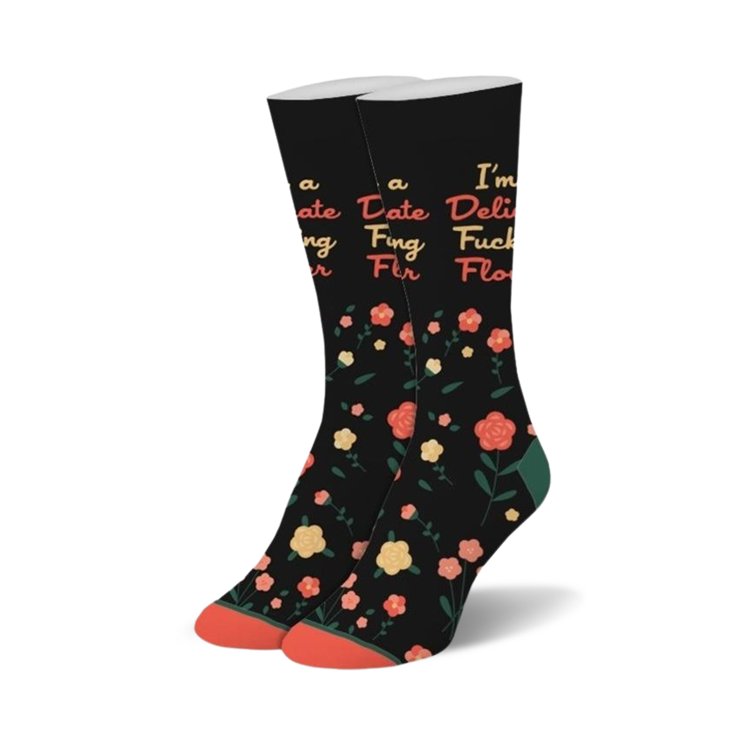 Pair of black crew socks with a scattered coral flower pattern and a playful text overlay.  The text says 'I'm a Delicate Flower'.