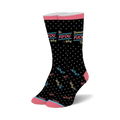 A pair of black crew socks with pink cuffs.  They feature the phrase 'Fuck You That's Why' and a polka dot pattern. The words 'why?' are scattered across the socks in various colors.
