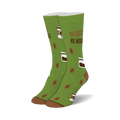 Pair of crew socks in green with brown coffee cups and beans. Text reads 'No Coffee No Workee'.