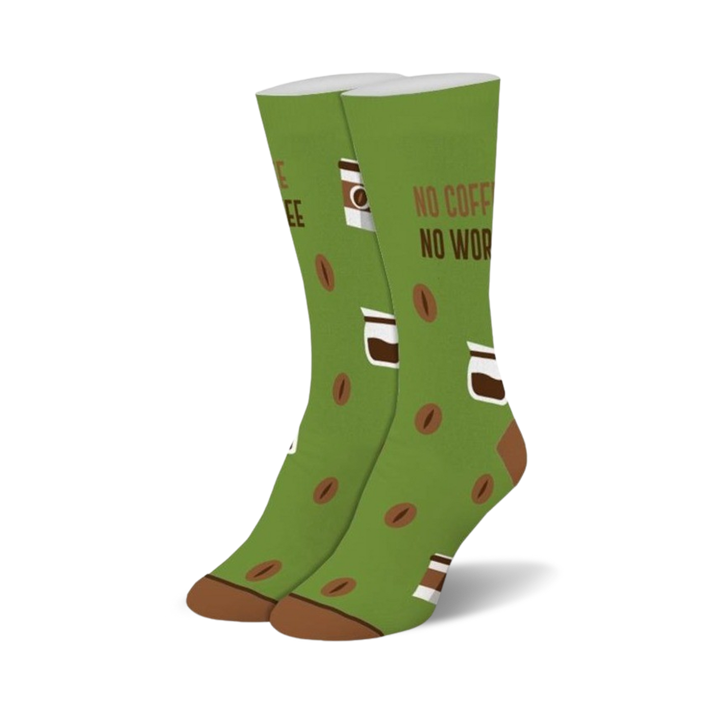 Pair of crew socks in green with brown coffee cups and beans. Text reads 'No Coffee No Workee'.