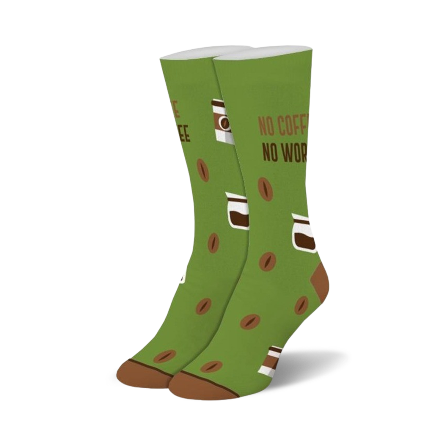 Pair of crew socks in green with brown coffee cups and beans. Text reads 'No Coffee No Workee'.