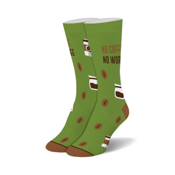 green crew socks made for women featuring a pattern of coffee beans and text that says 'no coffee no workee'.  