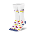 Pair of white crew socks.  Features 'Sounds Gay, I'm In!' in rainbow text and a scattered pattern of red, yellow, purple hearts.