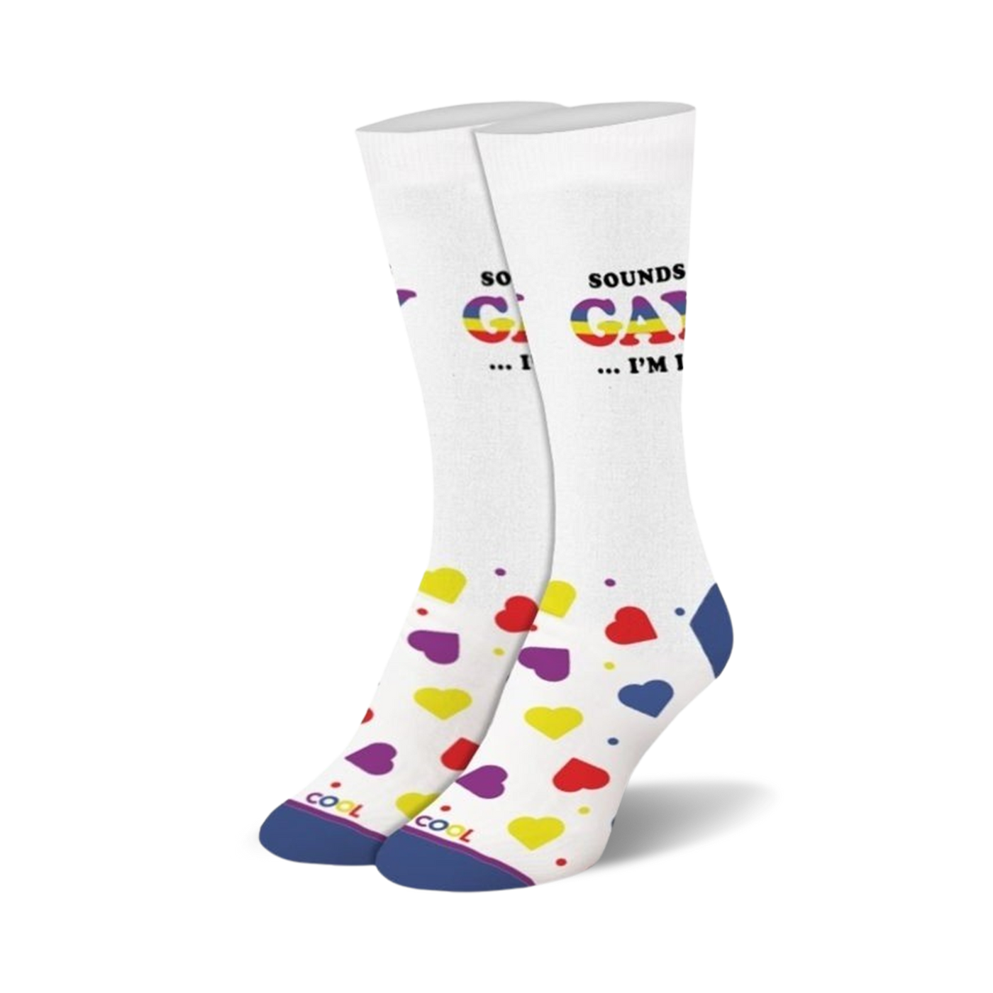 Pair of white crew socks.  Features 'Sounds Gay, I'm In!' in rainbow text and a scattered pattern of red, yellow, purple hearts.