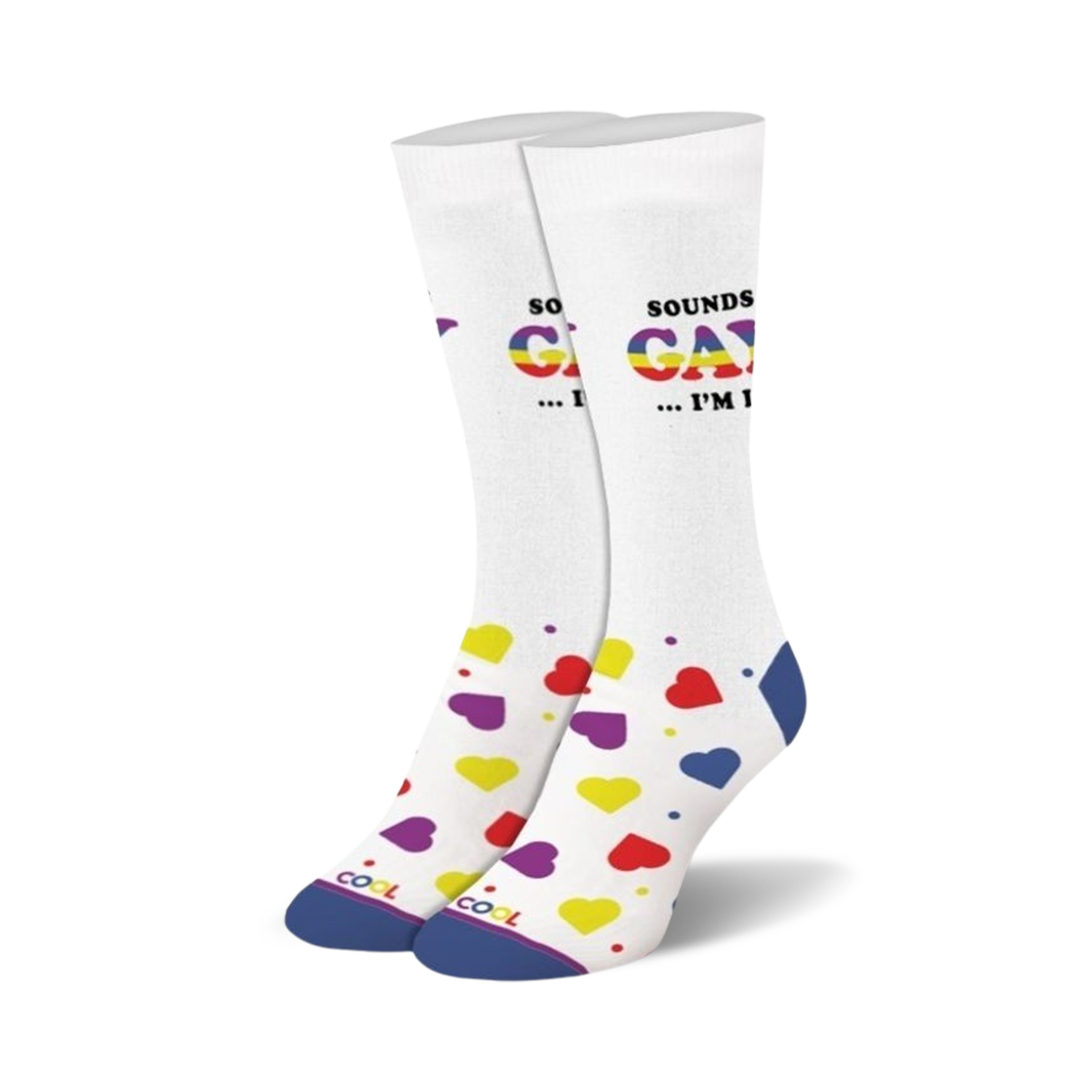 Pair of white crew socks.  Features 'Sounds Gay, I'm In!' in rainbow text and a scattered pattern of red, yellow, purple hearts.