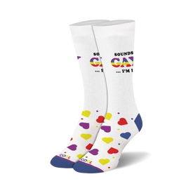 colorful heart-patterned socks with 'sounds gay...i'm in!' message in rainbow letters.  