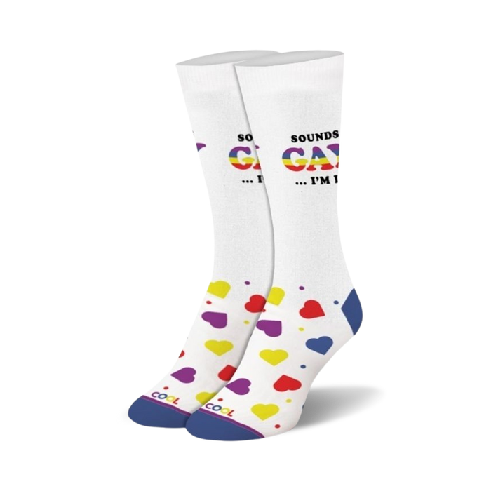 colorful heart-patterned socks with 'sounds gay...i'm in!' message in rainbow letters.   }}