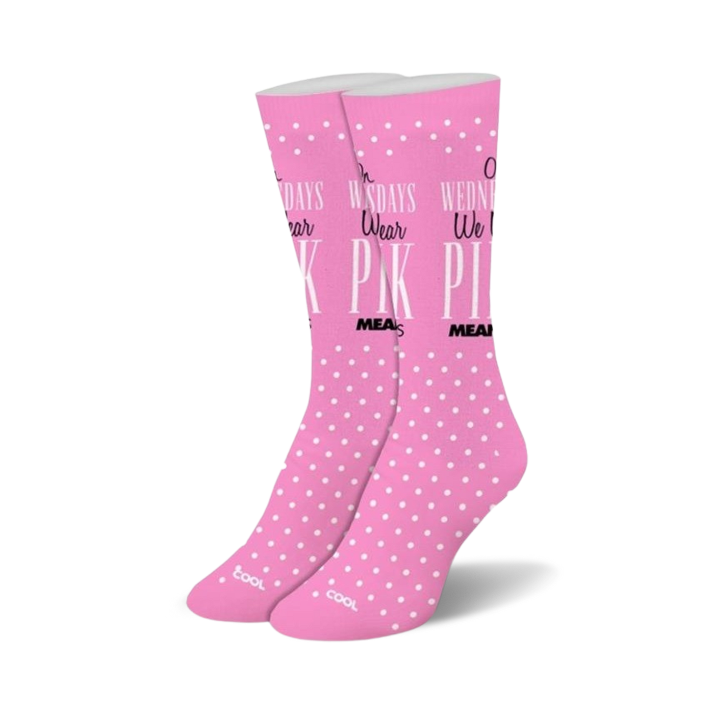 Pair of pink crew socks with white polka dots and the text "On Wednesdays, We Wear Pink" incorporated into the design.