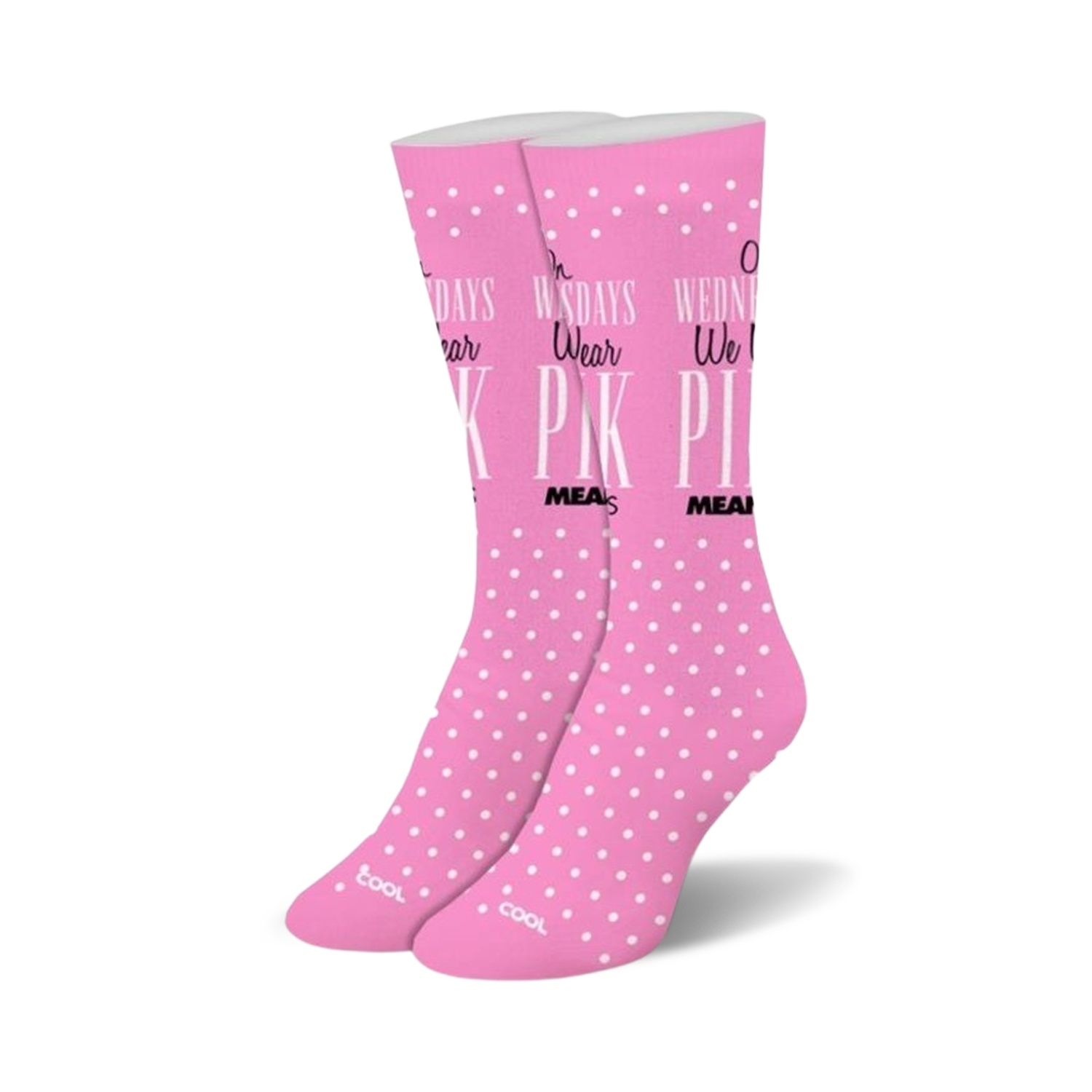 Pair of pink crew socks with white polka dots and the text "On Wednesdays, We Wear Pink" incorporated into the design.