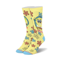 A pair of crew socks in yellow with a cartoon Spongebob Squarepants design. The socks feature blue and red flowers and light-blue cuffs.