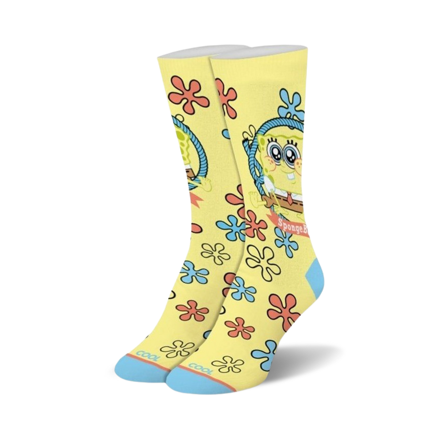 A pair of crew socks in yellow with a cartoon Spongebob Squarepants design. The socks feature blue and red flowers and light-blue cuffs.