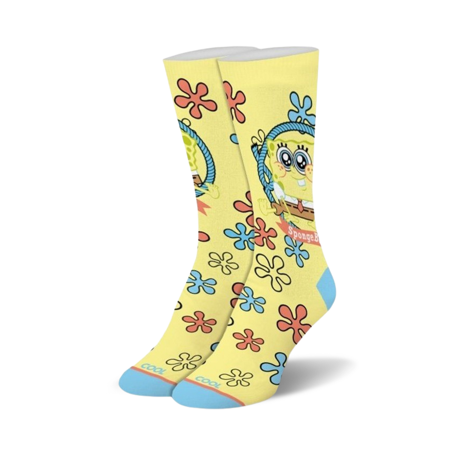 A pair of crew socks in yellow with a cartoon Spongebob Squarepants design. The socks feature blue and red flowers and light-blue cuffs.