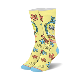 womens crew socks with spongebob squarepants baby design and blue and orange flowers.   