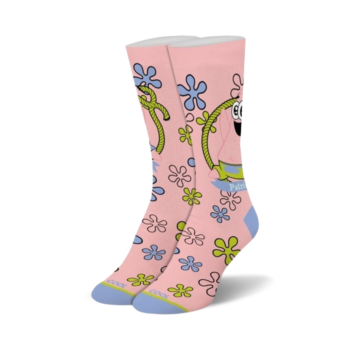 Crew socks featuring a pink background, Baby Patrick Star design, light blue and lime green starfish, and a yellow rope.