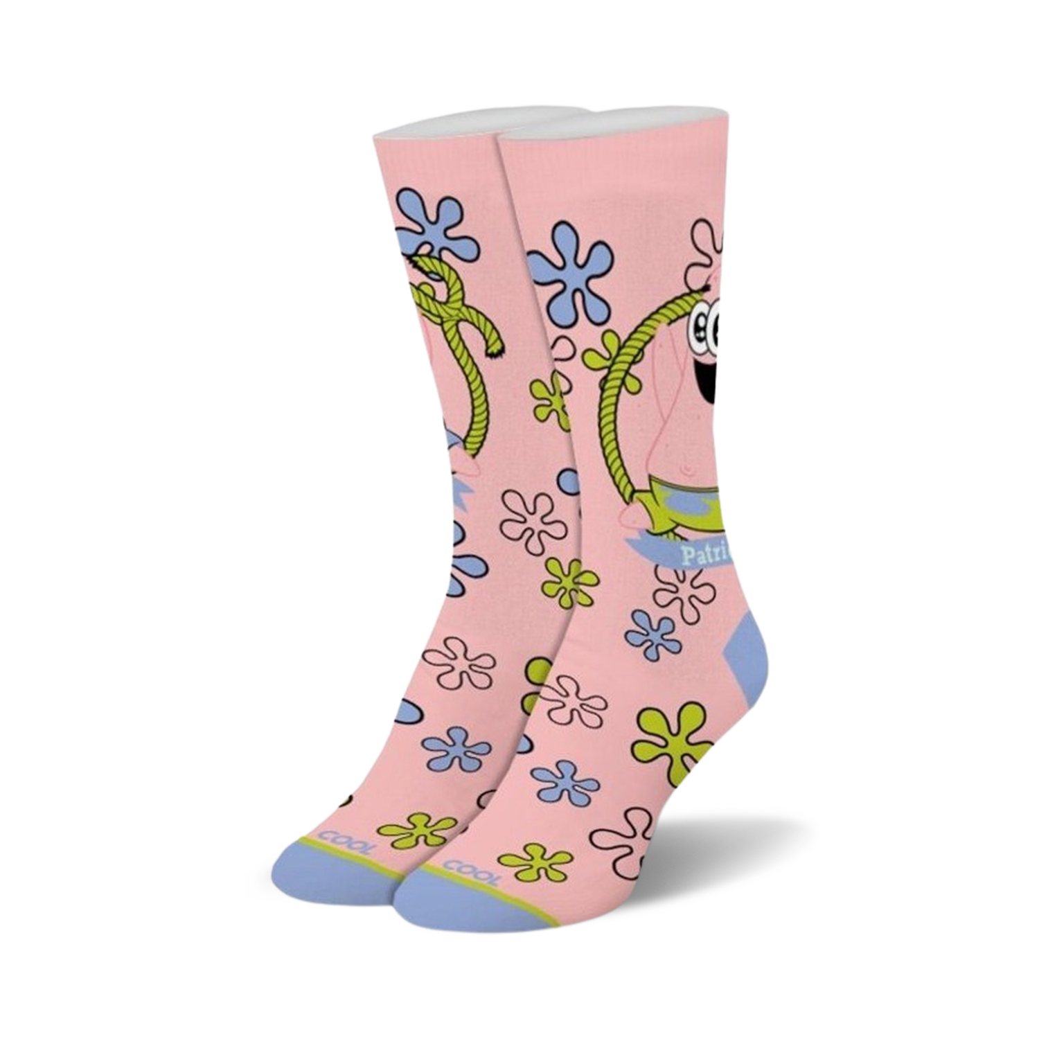 Crew socks featuring a pink background, Baby Patrick Star design, light blue and lime green starfish, and a yellow rope.