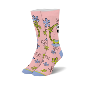 pink spongebob squarepants baby patrick socks with green and blue flower pattern and rope design for women.   