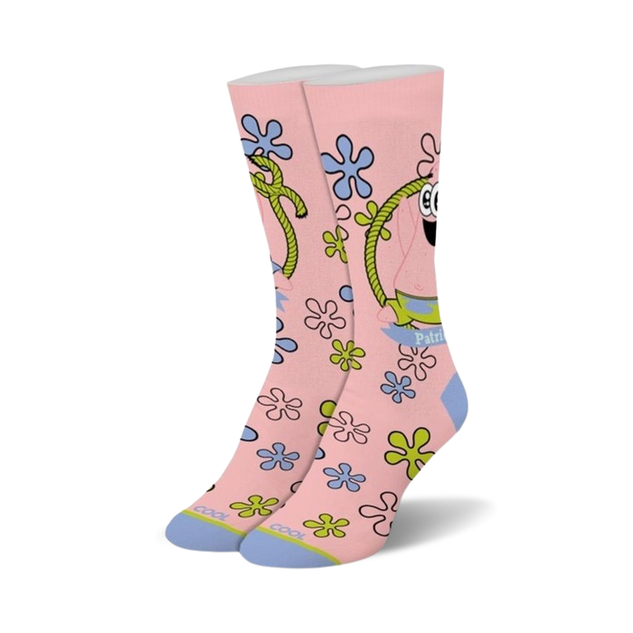 pink spongebob squarepants baby patrick socks with green and blue flower pattern and rope design for women.    }}