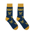 Flat lay of navy blue socks with gold accents, showing the AMERICA'S NAVY text at the top and the repeating eagle pattern.