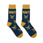 Flat lay of navy blue socks with gold accents, showing the AMERICA'S NAVY text at the top and the repeating eagle pattern.