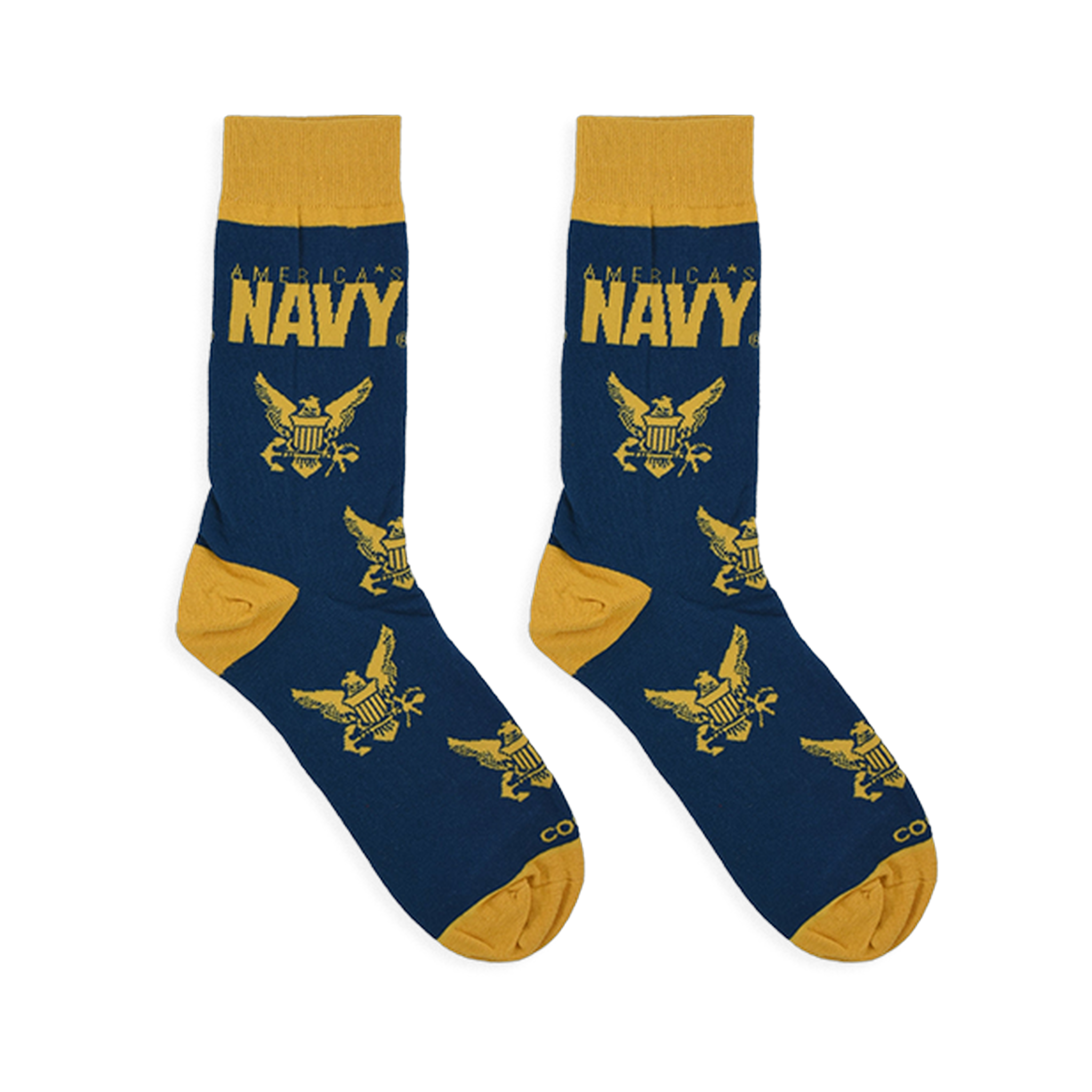 Flat lay of navy blue socks with gold accents, showing the AMERICA'S NAVY text at the top and the repeating eagle pattern.