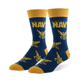 Navy blue crew socks with gold toe, heel, and cuff. Features AMERICA'S NAVY text and repeating gold eagle and anchor emblem.