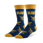Navy blue crew socks with gold toe, heel, and cuff. Features AMERICA'S NAVY text and repeating gold eagle and anchor emblem.