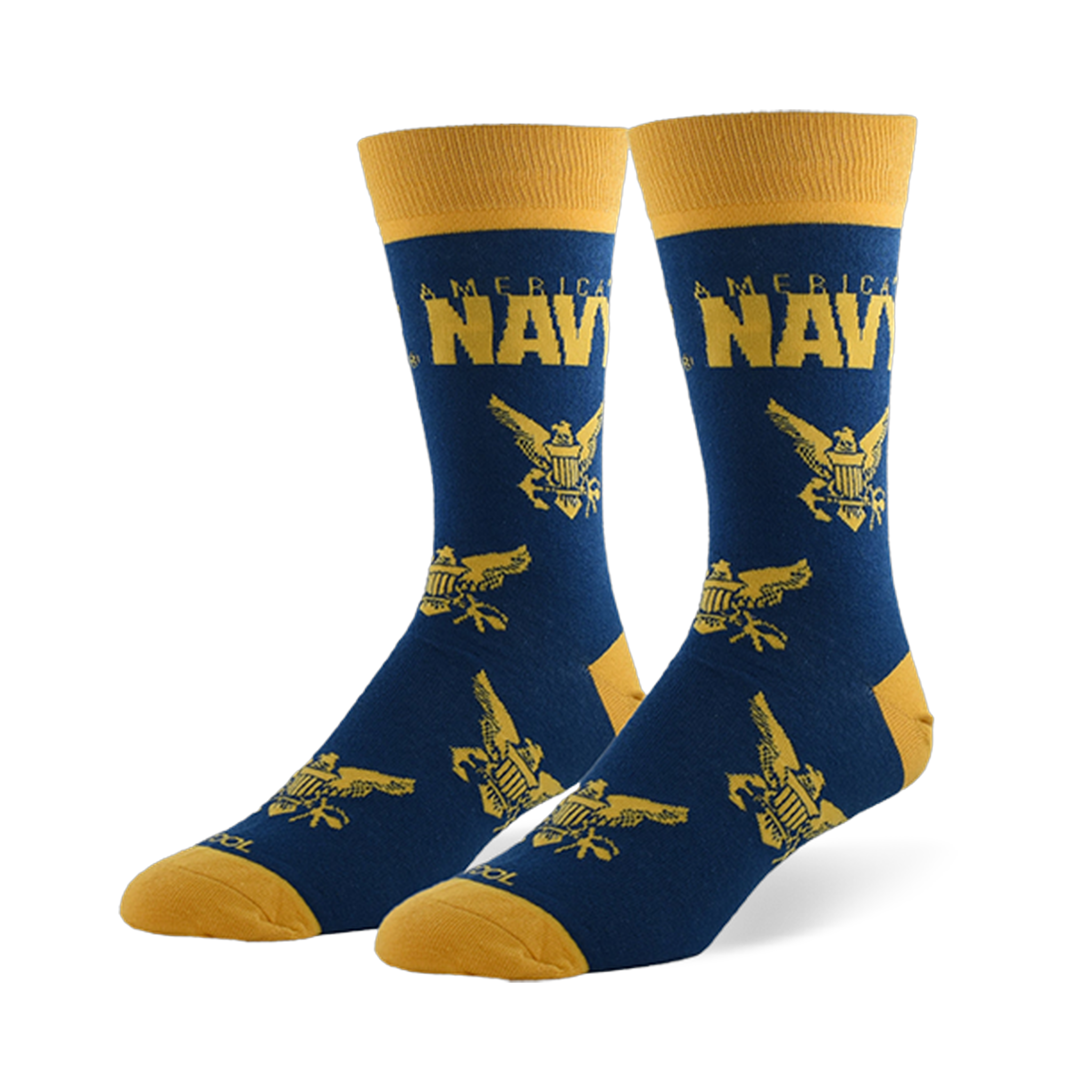 Navy blue crew socks with gold toe, heel, and cuff. Features AMERICA'S NAVY text and repeating gold eagle and anchor emblem.