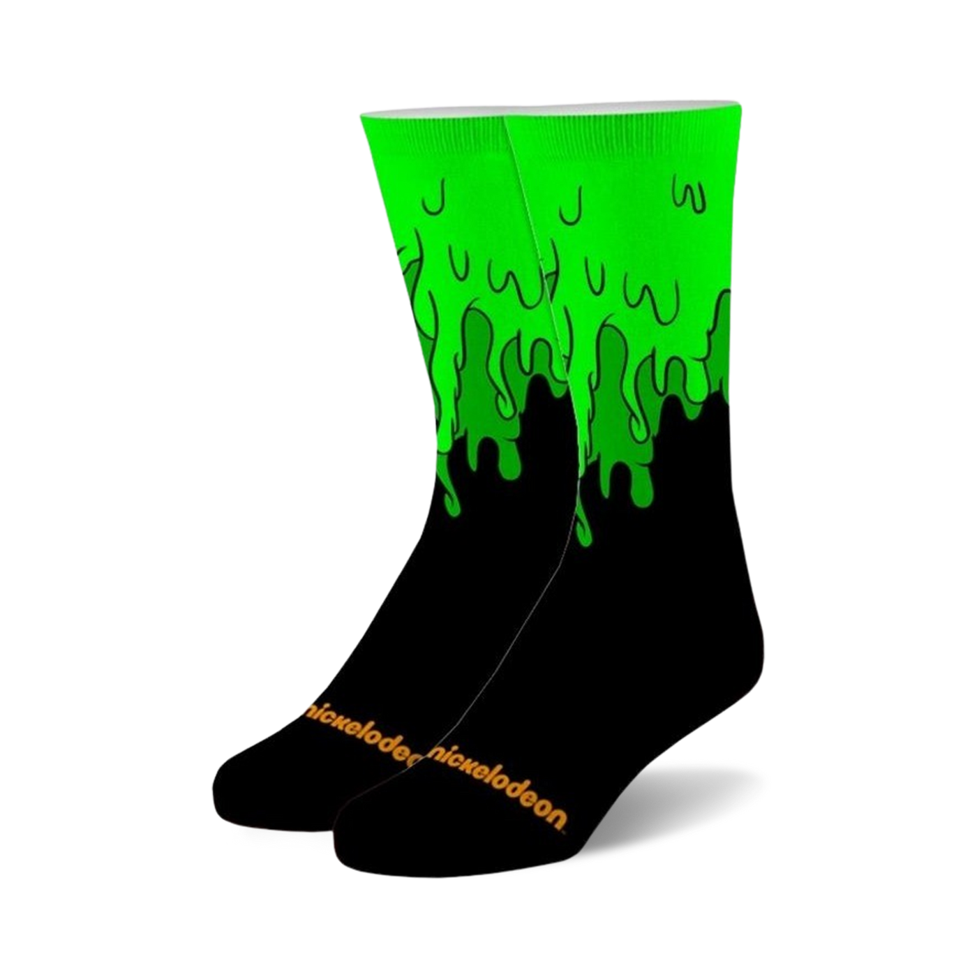 Pair of black crew socks with bright green slime dripping down the sides. Nickelodeon logo is subtly displayed on the bottom.