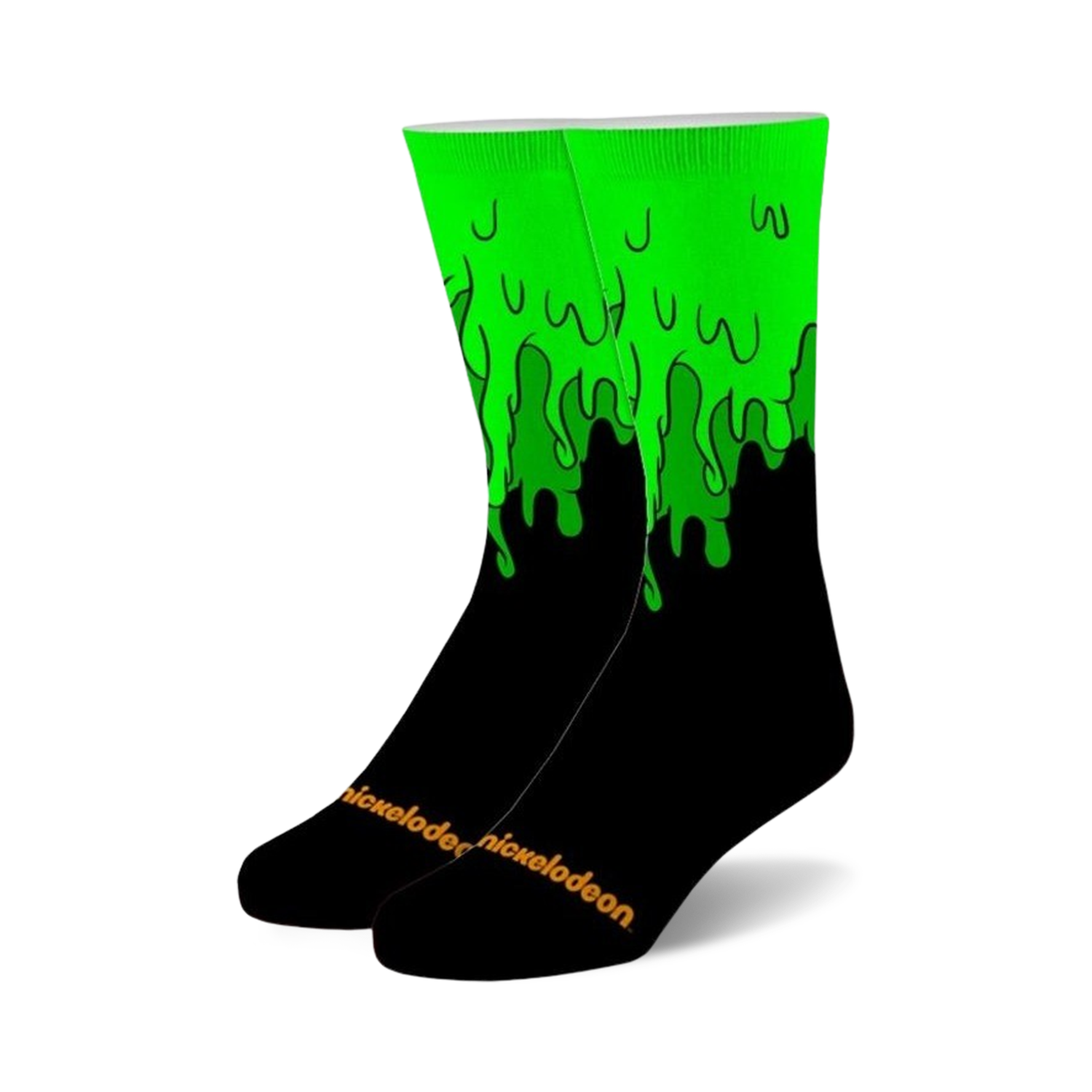 Pair of black crew socks with bright green slime dripping down the sides. Nickelodeon logo is subtly displayed on the bottom.