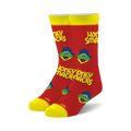A pair of red crew socks featuring the Honey Smacks cereal mascot, yellow accents, and the Honey Smacks logo.