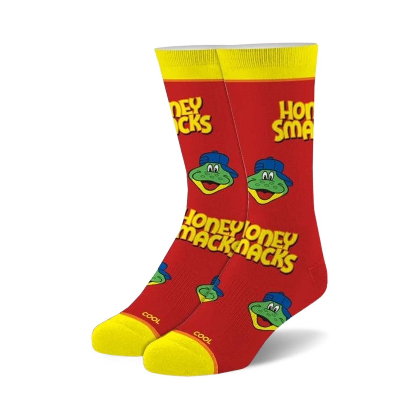 A pair of red crew socks featuring the Honey Smacks cereal mascot, yellow accents, and the Honey Smacks logo.