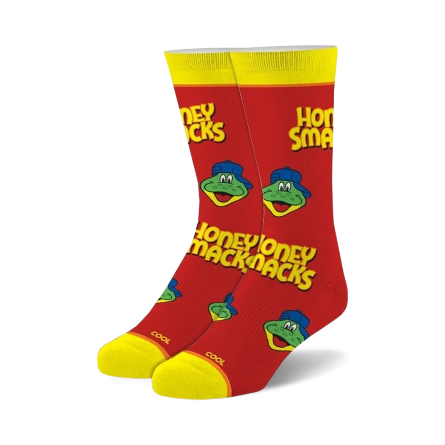 A pair of red crew socks featuring the Honey Smacks cereal mascot, yellow accents, and the Honey Smacks logo.