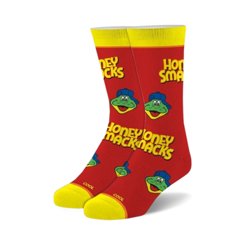 honey smacks crew socks with sonny the frog mascot. perfect for men and women.   