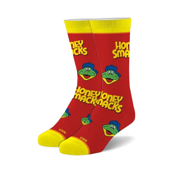 honey smacks crew socks with sonny the frog mascot. perfect for men and women.    }}