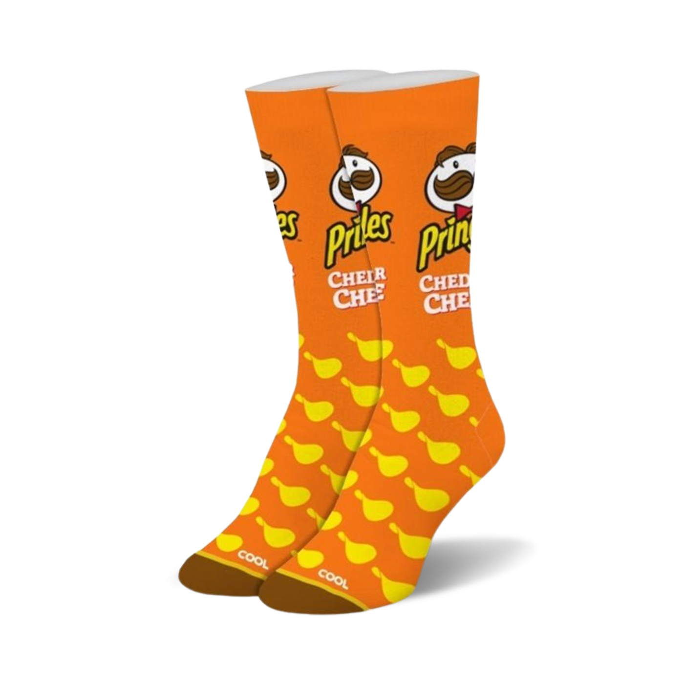 Pair of orange crew socks with a repeating pattern of yellow Pringles chips and the Pringles logo. 