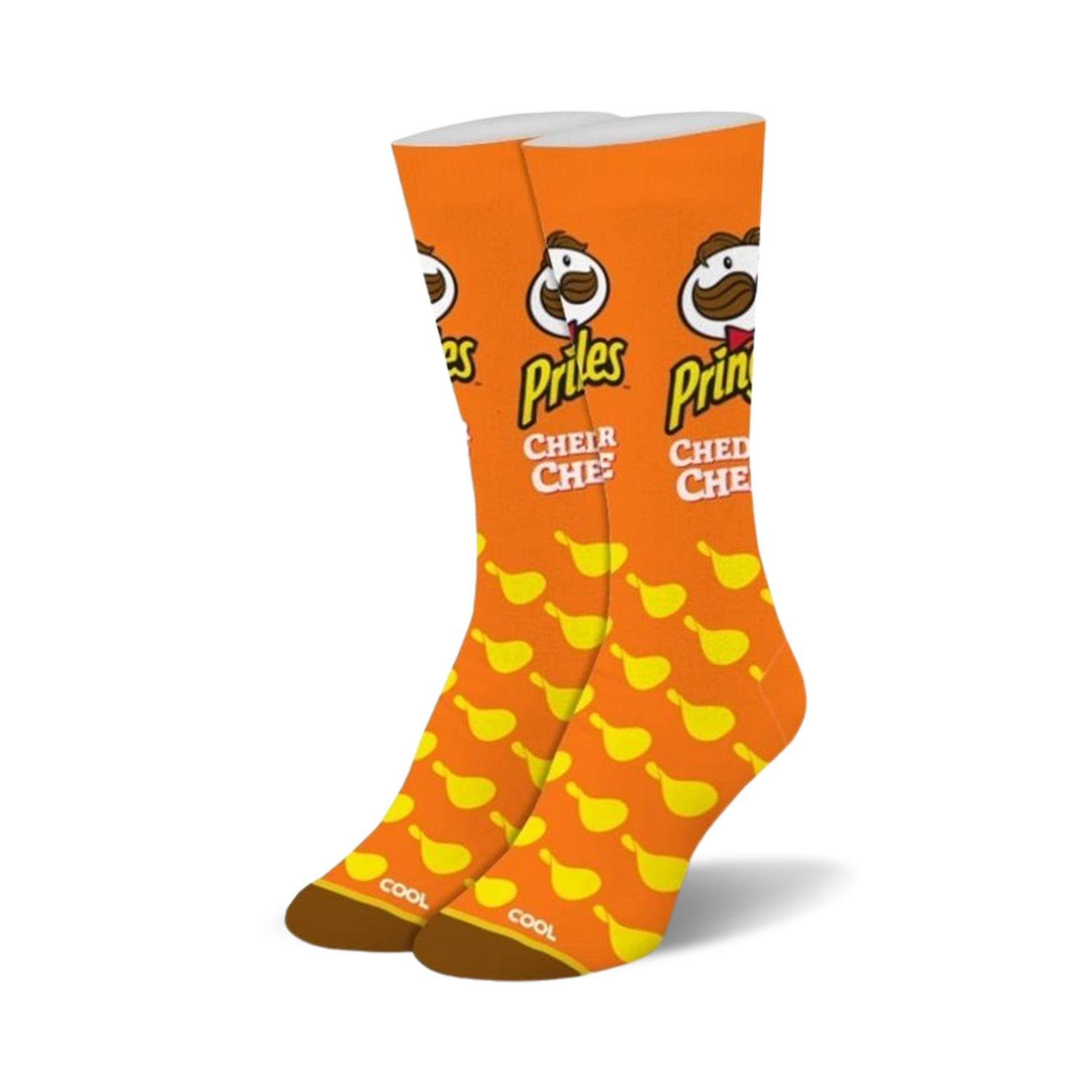 Pair of orange crew socks with a repeating pattern of yellow Pringles chips and the Pringles logo. 