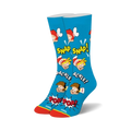 A pair of blue crew socks with Snap, Crackle, and Pop cereal mascots. Red, yellow and brown accents. Comic style design.