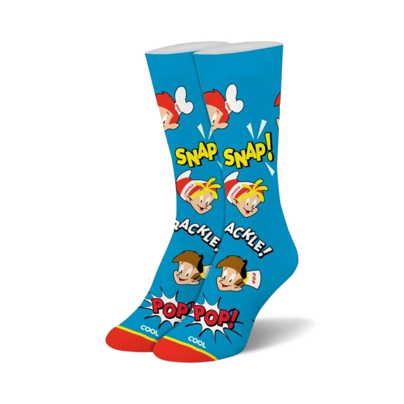 A pair of blue crew socks with Snap, Crackle, and Pop cereal mascots. Red, yellow and brown accents. Comic style design.